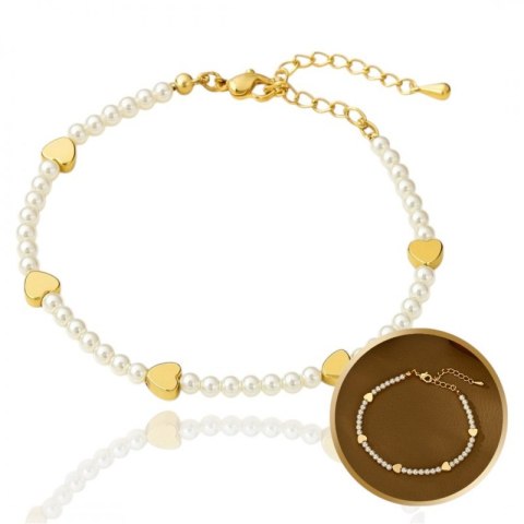 Bransoletka na rękę stal chirurgiczna pozłacana 14k złotem, perły serduszka BST1557 Bransoletka na rękę stal chirurgiczna pozłacana 14k złotem, perły serduszka BST1557