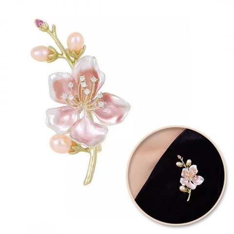 Broszka ozdobna delikatna, kwiat wiśni z kryształkami i perłami