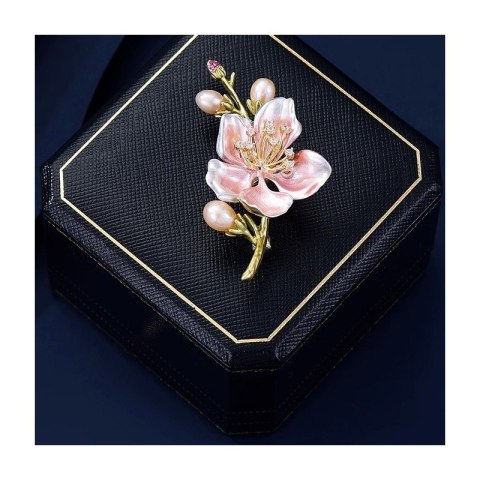 Broszka ozdobna delikatna, kwiat wiśni z kryształkami i perłami