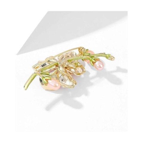 Broszka ozdobna delikatna, kwiat wiśni z kryształkami i perłami