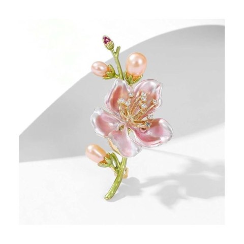 Broszka ozdobna delikatna, kwiat wiśni z kryształkami i perłami