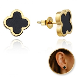 Komplet Czarna Koniczynka - kolczyki i naszyjnik stal szlachetna pozłacana 14k złotem