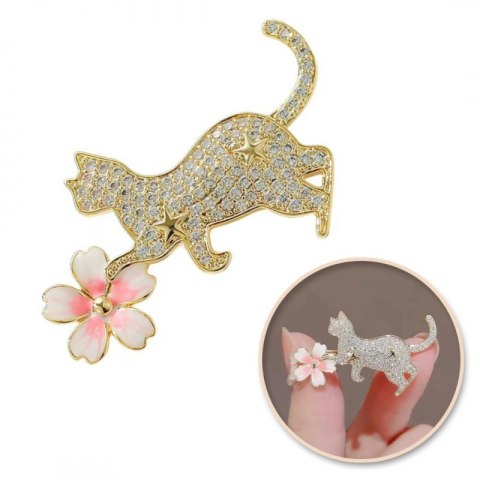 Broszka ozdobna emaliowana - kotek z kwiatkiem