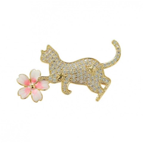 Broszka ozdobna emaliowana - kotek z kwiatkiem