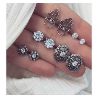 ZESTAW 5 PAR KOLCZYKÓW BOHO KRYSZTAŁKI HAMSA SREBRNE