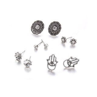 ZESTAW 5 PAR KOLCZYKÓW BOHO KRYSZTAŁKI HAMSA SREBRNE