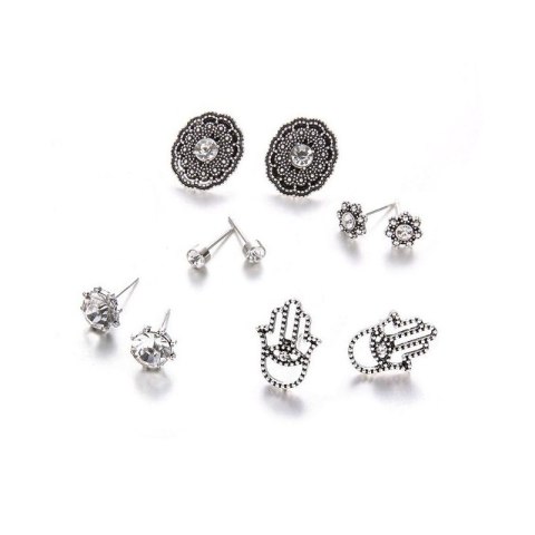 ZESTAW 5 PAR KOLCZYKÓW BOHO KRYSZTAŁKI HAMSA SREBRNE