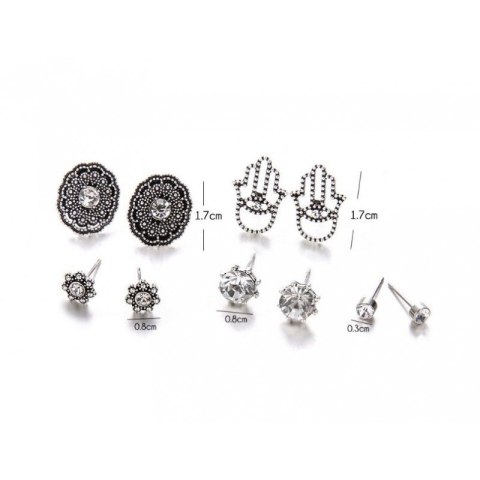 ZESTAW 5 PAR KOLCZYKÓW BOHO KRYSZTAŁKI HAMSA SREBRNE